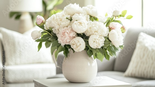 A beautiful ceramic pitcher with a bunch of white peonies picture