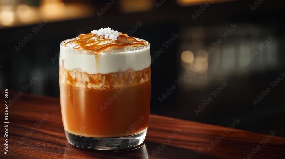 A salted caramel cold brew with a frothy top, garnished picture A salted caramel cold brew with a frothy top, garnished picture