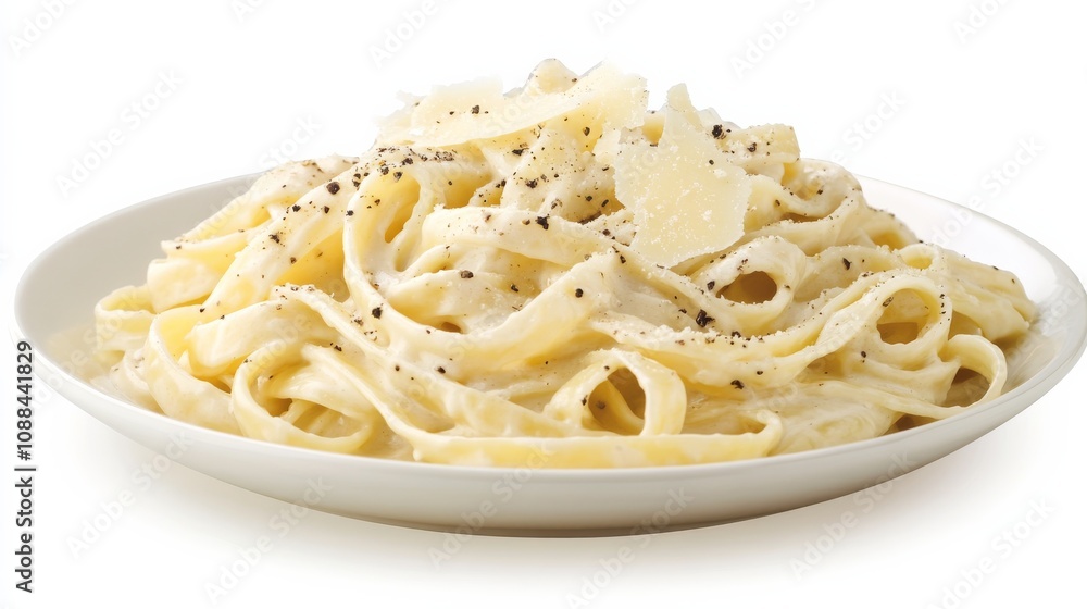 A plate of creamy fettuccine Alfredo with rich Parmesan cheese sauce and freshly cracked black pepper, Each strand of pasta coated in decadent sauce A plate of creamy fettuccine Alfredo with rich Parmesan cheese sauce and freshly cracked black pepper, Each strand of pasta coated in decadent sauce