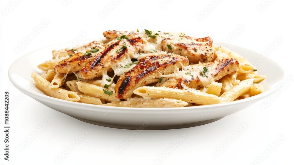 A plate of creamy garlic parmesan chicken pasta with penne, grilled chicken, and a rich parmesan sauce A plate of creamy garlic parmesan chicken pasta with penne, grilled chicken, and a rich parmesan sauce