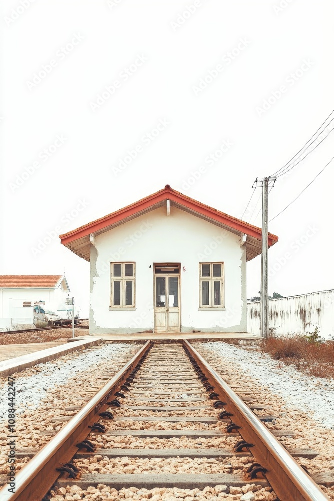 A small white building on railroad tracks. A small white building on railroad tracks.