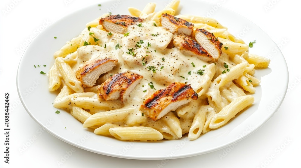 A plate of creamy garlic parmesan chicken pasta with penne, grilled chicken, and a rich parmesan sauce A plate of creamy garlic parmesan chicken pasta with penne, grilled chicken, and a rich parmesan sauce