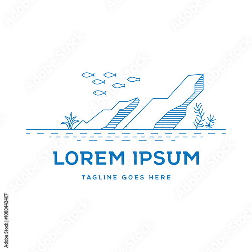 Simple Minimalist Underwater Life , Stone Sand and Grass Fish for Aquarium Aquascape illustration Logo Design