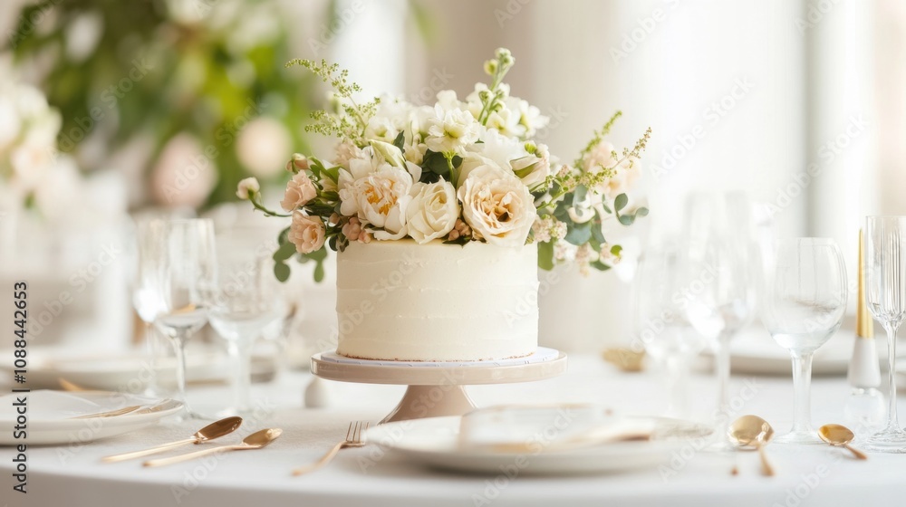 A clean, elegant birthday setup with a small cake adorned picture A clean, elegant birthday setup with a small cake adorned picture