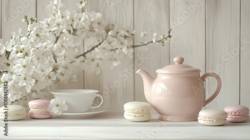 A soft pink teapot with delicate white flowers placed next picture