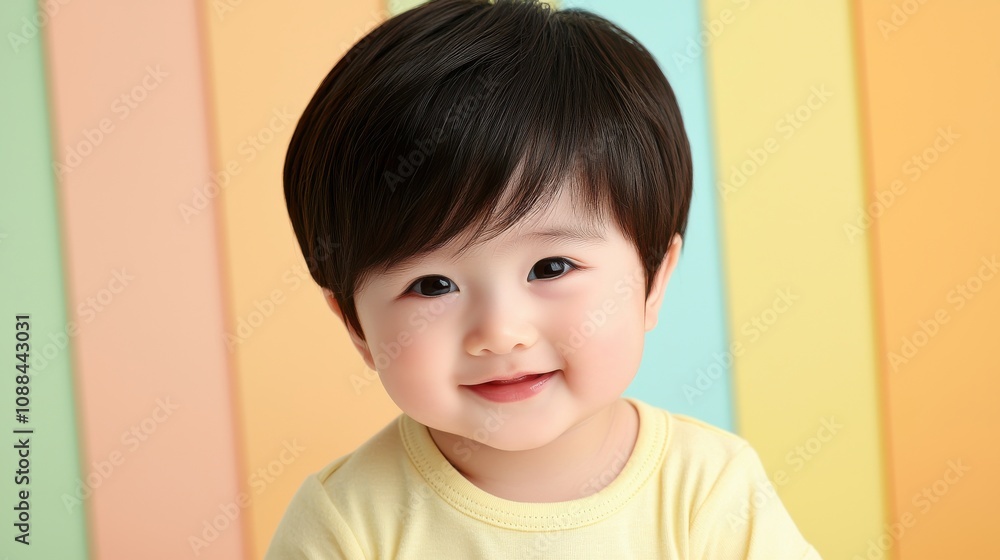 Adorable newborn baby smiling in soft onesie indoor studio portrait photography bright and cheerful environment close-up view family happiness concept Adorable newborn baby smiling in soft onesie indoor studio portrait photography bright and cheerful environment close-up view family happiness concept