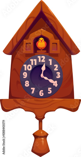 Cartoon wooden cuckoo clock with a bird emerging at the top, featuring classic clock face and pendulum. Isolated vector vintage traditional wall clocks captures nostalgic essence of Christmas holiday