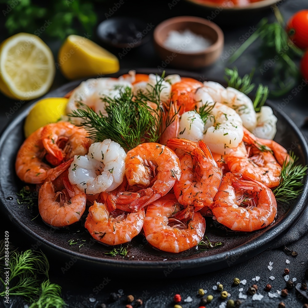 A vibrant platter of shrimp garnished with fresh dill, surrounded by lemon and spices, showcasing a delicious seafood dish. A vibrant platter of shrimp garnished with fresh dill, surrounded by lemon and spices, showcasing a delicious seafood dish.