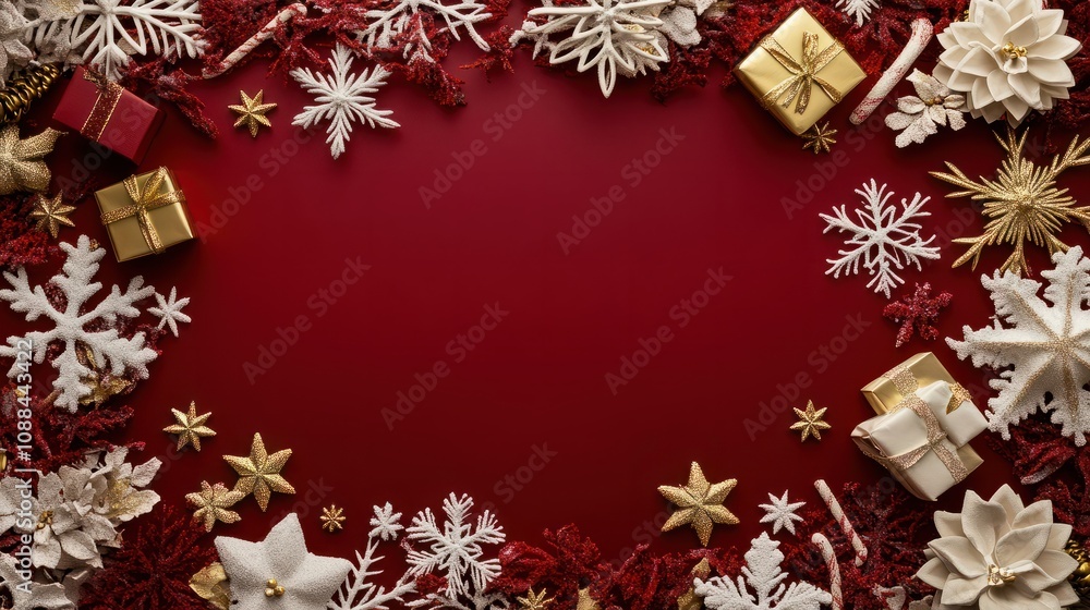 festive social media template with blank space for text featuring stylized christmas elements like snowflakes stars and gift boxes in gold and white on a deep red background festive social media template with blank space for text featuring stylized christmas elements like snowflakes stars and gift boxes in gold and white on a deep red background