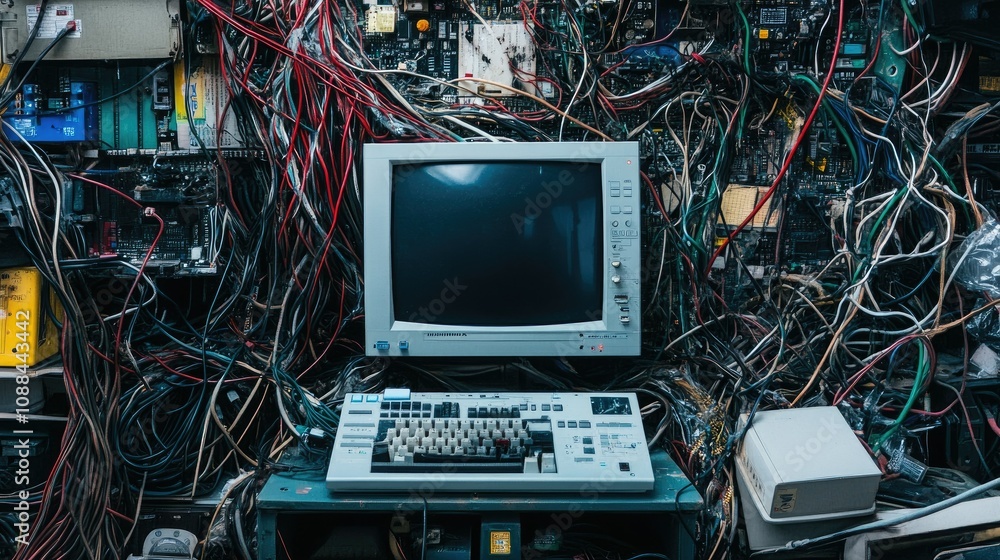 Fototapeta premium Intricate Network of Wires Surrounding an Old Computer in a Cluttered Environment Highlighting Technological Chaos and Vintage Equipment