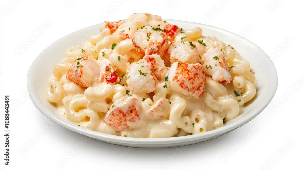 A plate of creamy lobster mac and cheese with tender lobster meat, macaroni pasta, and a creamy cheese sauce A plate of creamy lobster mac and cheese with tender lobster meat, macaroni pasta, and a creamy cheese sauce