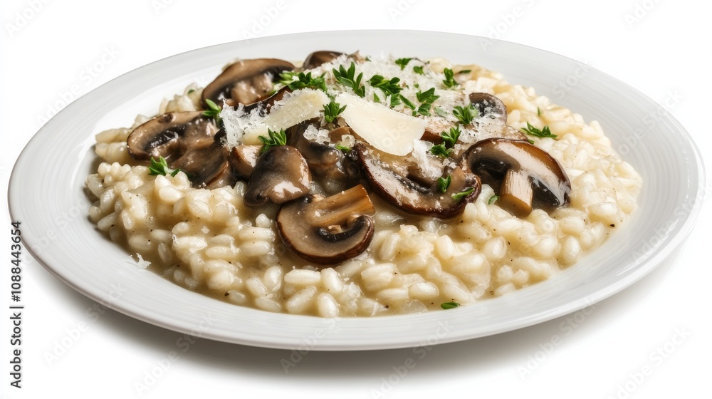 A plate of creamy mushroom risotto with Arborio rice, assorted mushrooms, Parmesan cheese A plate of creamy mushroom risotto with Arborio rice, assorted mushrooms, Parmesan cheese