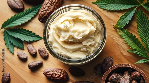 Natural shea butter with cocoa and hemp leaves on wooden background