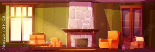 Cozy living room interior with warm sunlight through large window, stone fireplace, comfortable orange armchair, wooden bookshelf. Moving cardboard boxes scattered on coffee table and floor.