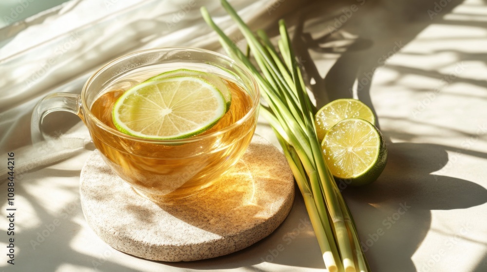 A cup of lemongrass tea with fresh lemongrass stalks and picture A cup of lemongrass tea with fresh lemongrass stalks and picture