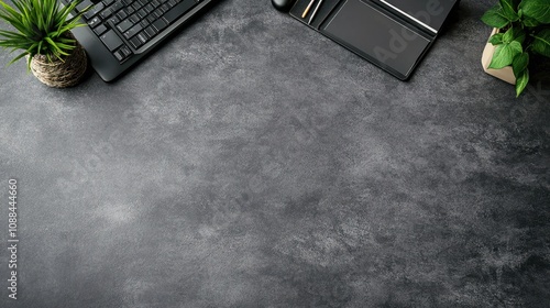 Flat lay view of gray desk with amply copy space for telework or telecommute concept photo