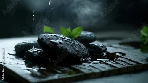 Tranquil black stones with mint leaves and water droplets in zen spa ambiance