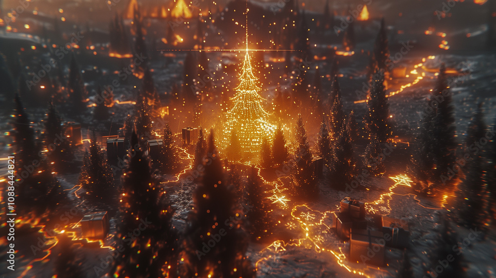 Glowing Christmas Tree in Magical Forest with Sparkling Lights.. Glowing Christmas Tree in Magical Forest with Sparkling Lights..