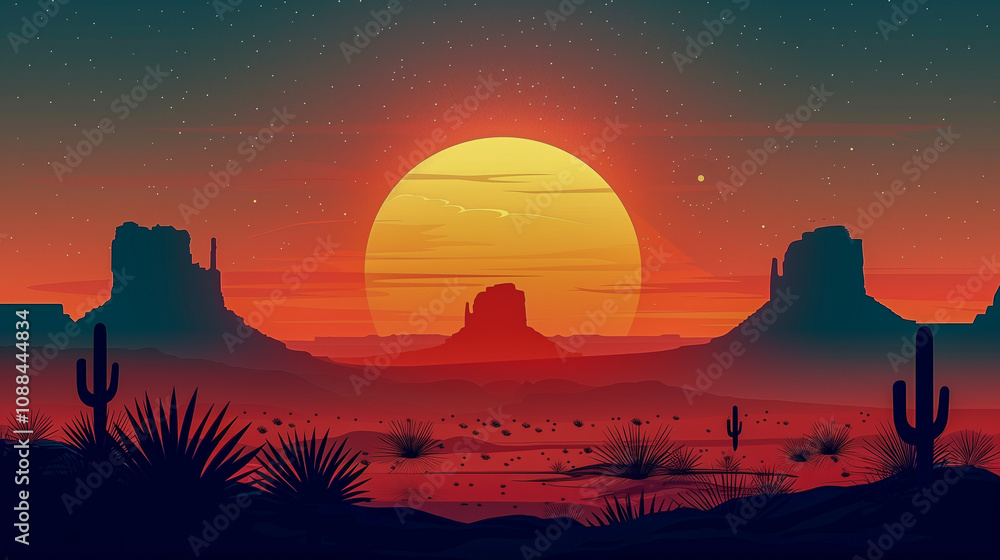 Obraz premium Desert Sunset Illustration with Silhouetted Cacti and Buttes..