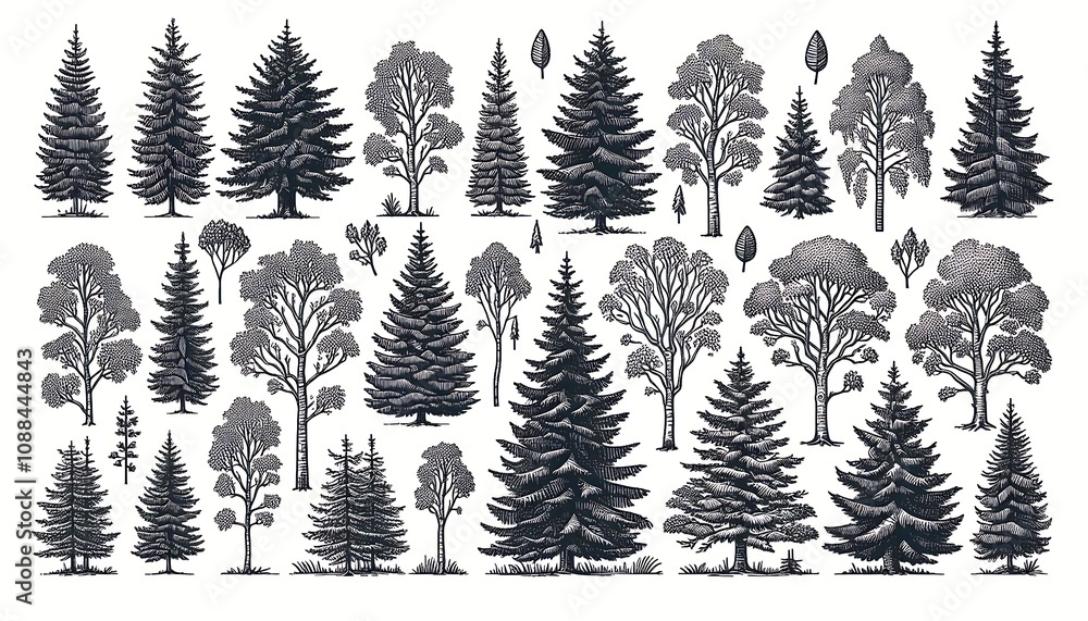 Fototapeta premium Collection of Black and White Tree Illustrations and Sketches. generator AI