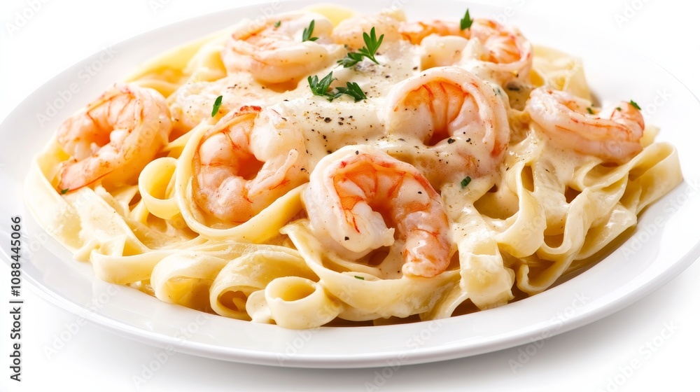 A plate of creamy shrimp Alfredo pasta with fettuccine, sautéed shrimp, and a rich Parmesan cream sauce A plate of creamy shrimp Alfredo pasta with fettuccine, sautéed shrimp, and a rich Parmesan cream sauce