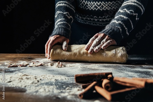 Minimalist Baking Scene: Hands Rolling Dough with Cinnamon Sticks for Rustic Culinary Design