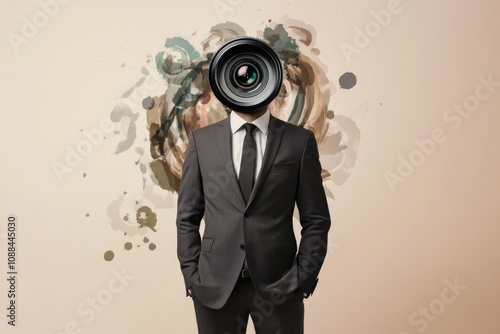 Surreal Minimalist Business Concept with Camera Lens Head for Creative Design