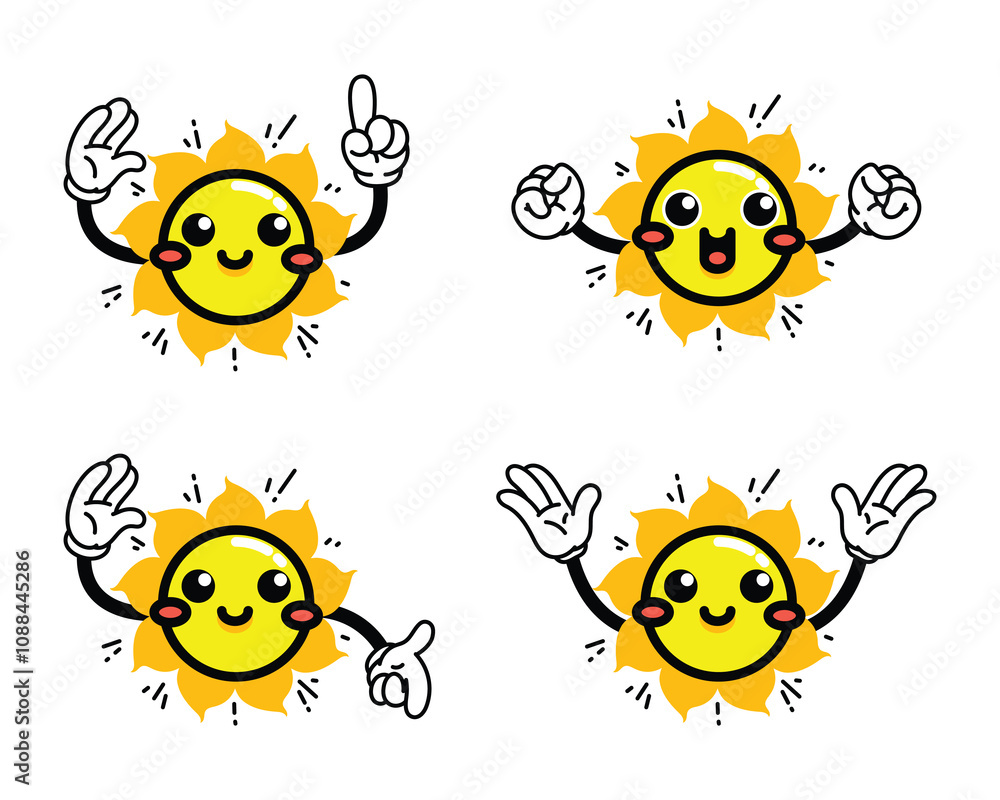 A creative set of cute suns with hands in various poses, pointing up, pointing down, happy, greeting. Flat vector illustration isolated on a white background. A creative set of cute suns with hands in various poses, pointing up, pointing down, happy, greeting. Flat vector illustration isolated on a white background.
