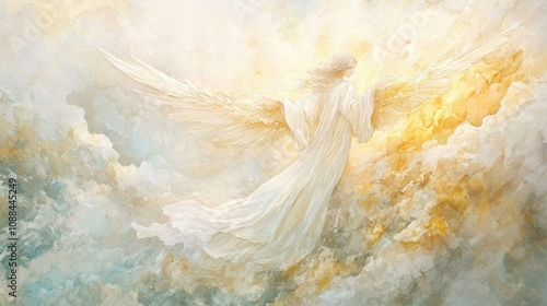 A delicate watercolor of an angel with flowing robes, picture