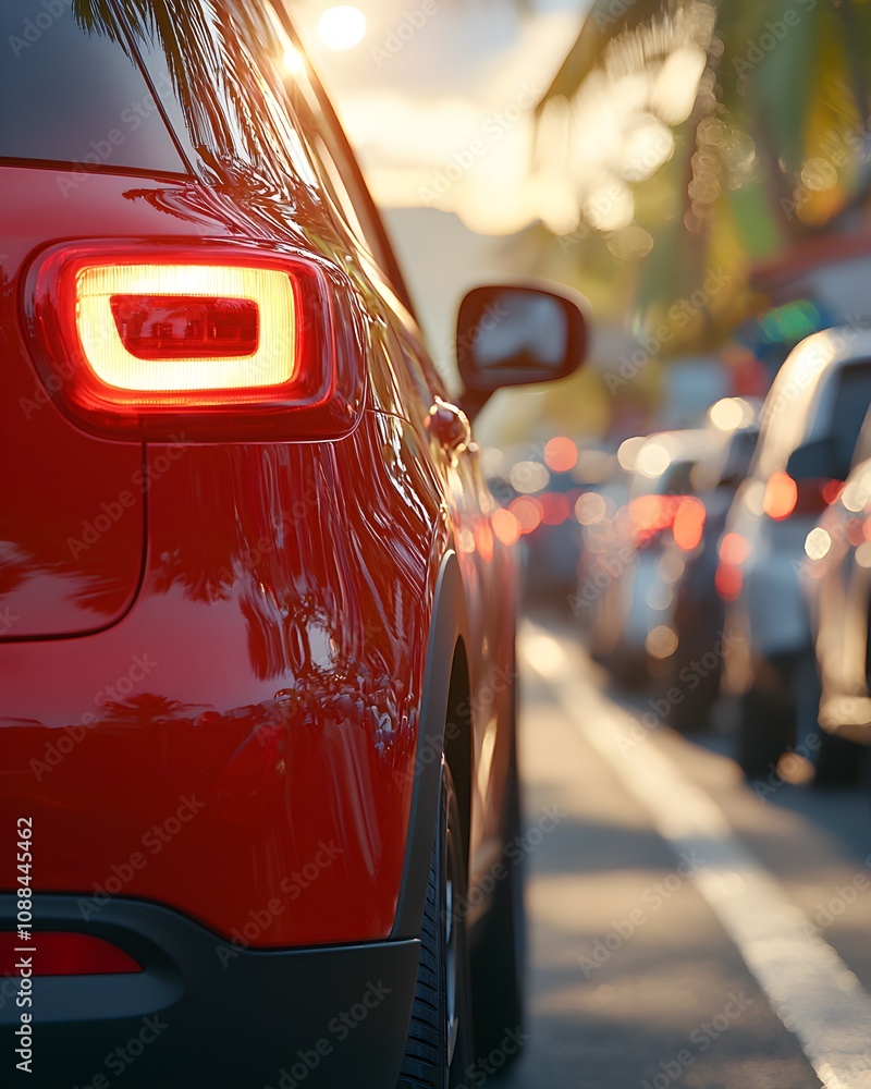 Evening traffic with a focus on a red car's taillight Evening traffic with a focus on a red car's taillight