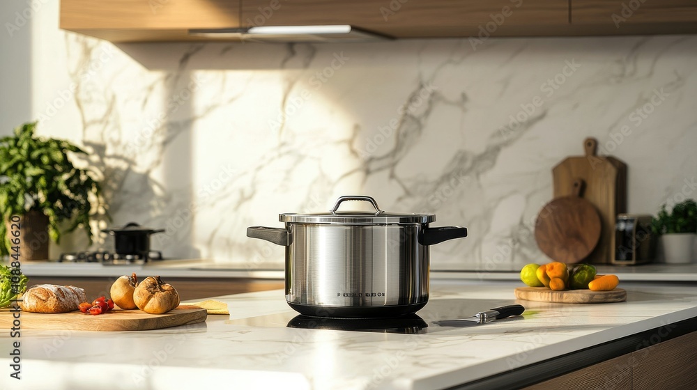 Modern Kitchen Interior with Stainless Steel Cooking Pot on Marble Countertop, Fresh Ingredients and Baked Goods, Bright Natural Light, Contemporary Design Elements Modern Kitchen Interior with Stainless Steel Cooking Pot on Marble Countertop, Fresh Ingredients and Baked Goods, Bright Natural Light, Contemporary Design Elements