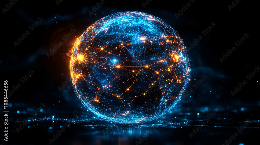 Abstract digital planet Earth with a global network, yellow colors, black background Abstract digital planet Earth with a global network, yellow colors, black background