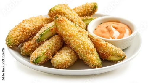 A plate of crispy avocado fries coated in panko breadcrumbs and served with a side of cilantro lime dipping sauce, Each fry golden and crunchy on the outside, creamy and flavorful on the inside photo