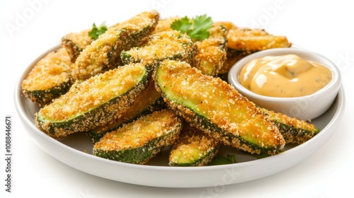 A plate of crispy avocado fries coated in panko breadcrumbs and served with a side of cilantro lime dipping sauce, Each fry golden and crunchy on the outside, creamy and flavorful on the inside photo