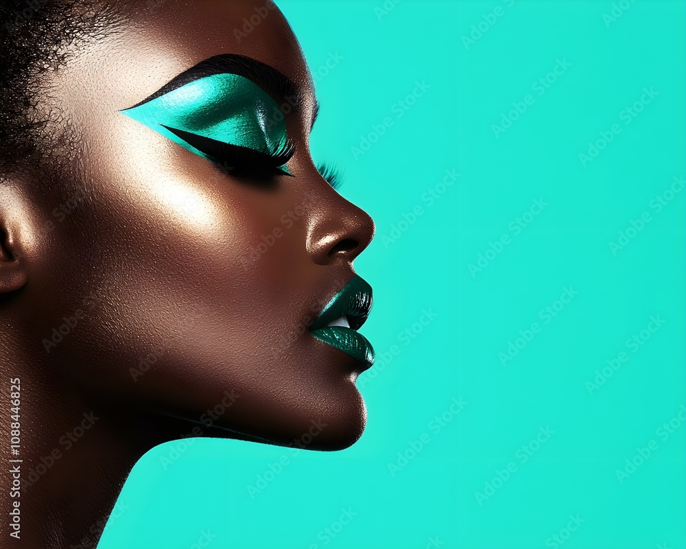 Black female side profile with bold eyeliner, soft makeup, colorful background, modern and fresh look Black female side profile with bold eyeliner, soft makeup, colorful background, modern and fresh look
