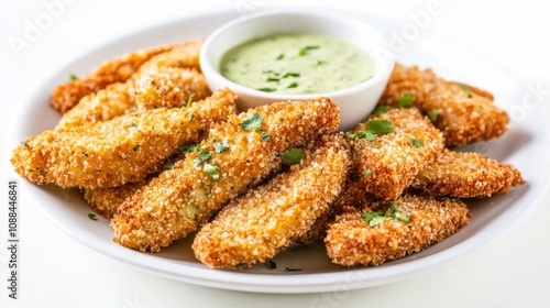 A plate of crispy avocado fries coated in panko breadcrumbs and served with a side of spicy mayo, Each fry golden and bursting with flavor photo