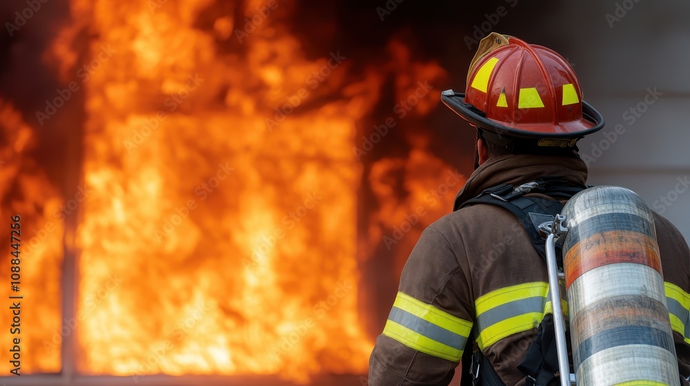 Firefighter Climbing Ladder Towards Blazing Inferno in Emergency Response Mission, Demonstrating Bravery and Dedication to Saving Lives and Property Firefighter Climbing Ladder Towards Blazing Inferno in Emergency Response Mission, Demonstrating Bravery and Dedication to Saving Lives and Property