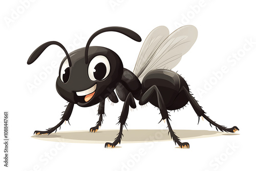 A cartoonish black ant with wings and a cheerful expression, emphasizing a playful design. photo