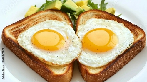 Delicious breakfast of sunny-side up eggs served on toasted bread with fresh greens and avocado, a perfect start to your day for healthy eating and culinary delight.