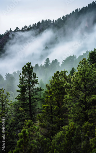 Background featuring a landscape of mountain pine trees in the fog during early spring or autumn. Ideal for screensavers or interior design. photo