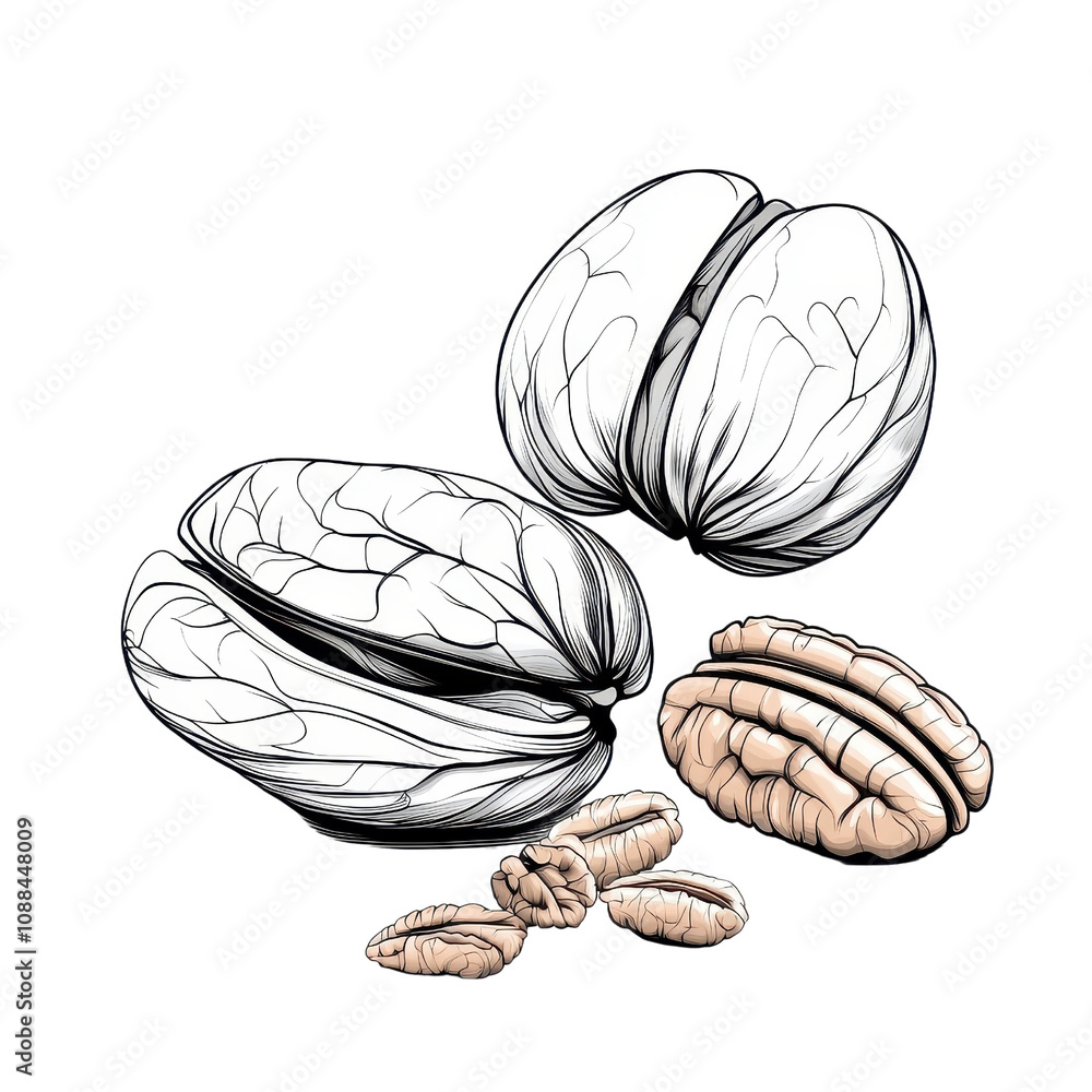 Fototapeta premium Continuous line art drawing of pecans, isolated on a white background. PNG