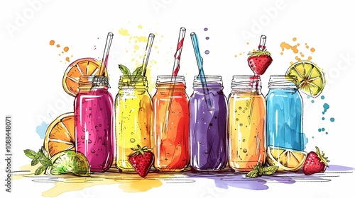 A variety of nutritious smoothies and freshly squeezed juices, packed in colorful and appealing glass jars