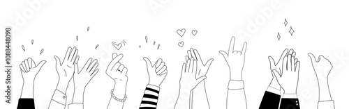 Doodle sketch hands up gestures comic icons silhouettes vector set. Group of line art fun comic hands in the air. Voting or happy congratulation audience recognition symbols.