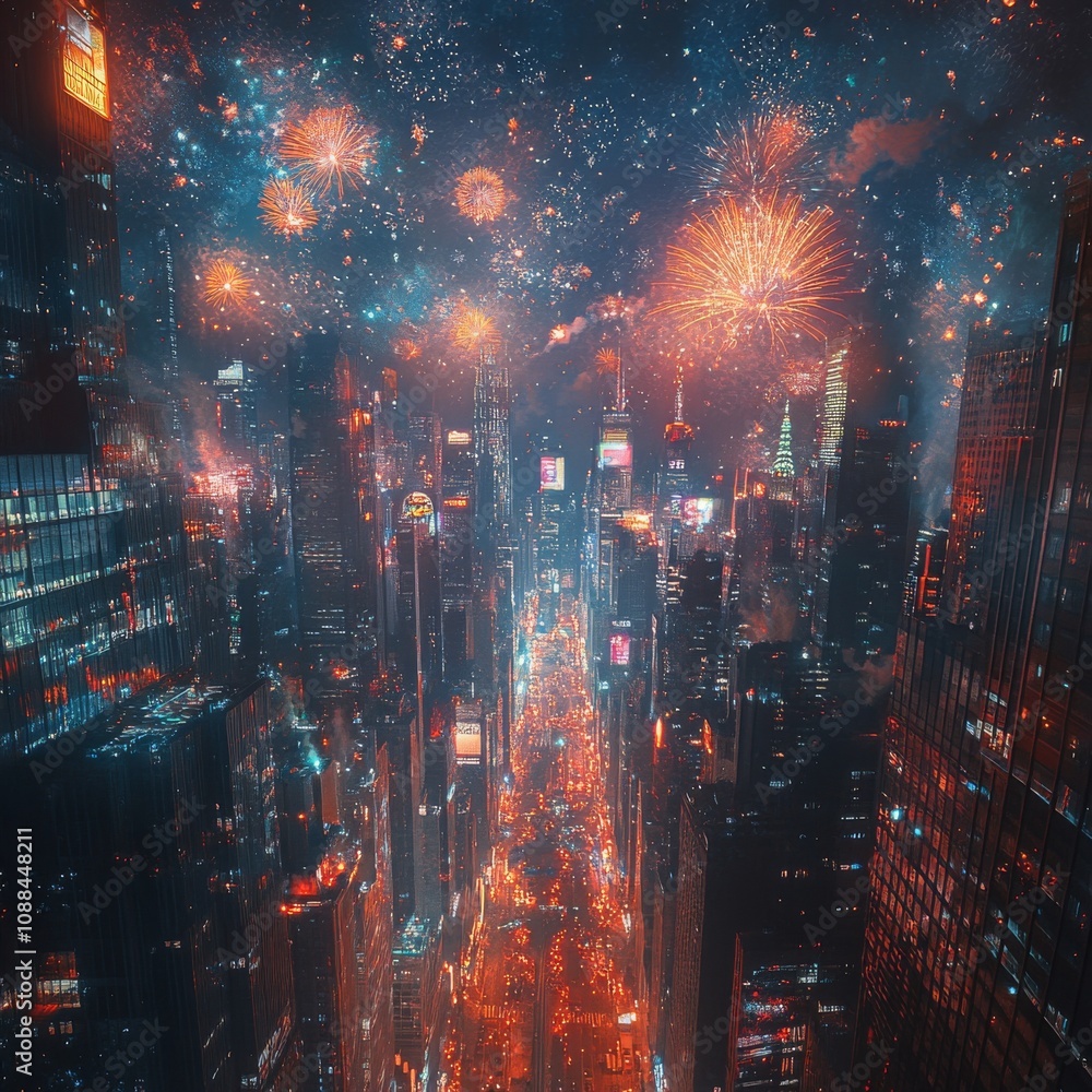Fireworks celebrating New Year's Eve in the middle of a tall building in the city. Fireworks celebrating New Year's Eve in the middle of a tall building in the city.