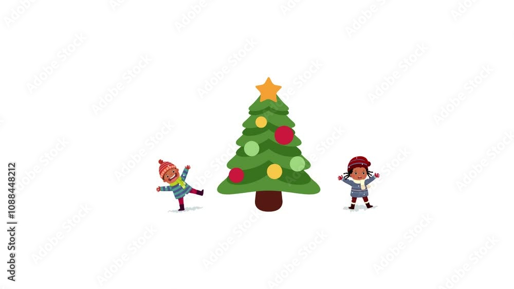 An animated Christmas tree and two small children playing represent the special nature of Christmas