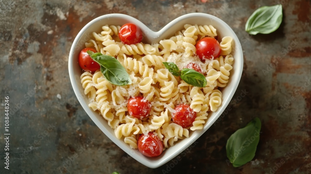 Heart-shaped bowl of creamy pasta with cherry tomatoes, picture Heart-shaped bowl of creamy pasta with cherry tomatoes, picture