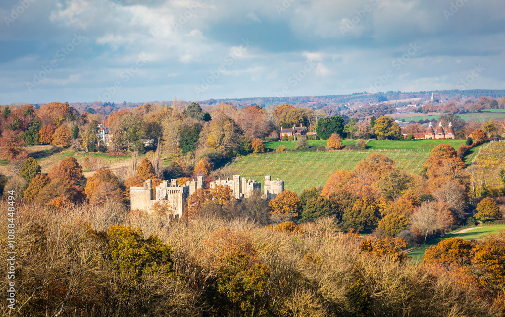 Autumn view of Bodiam castle from Ewhurst Green on the high weald east Sussex south east England UK Autumn view of Bodiam castle from Ewhurst Green on the high weald east Sussex south east England UK