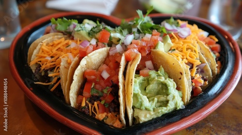 Heart-shaped dish with assorted tacos, featuring colorful picture