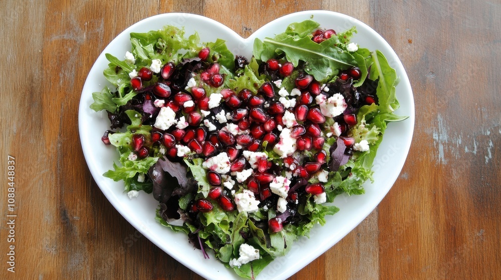 Heart-shaped plate of vibrant salad with mixed greens, picture Heart-shaped plate of vibrant salad with mixed greens, picture