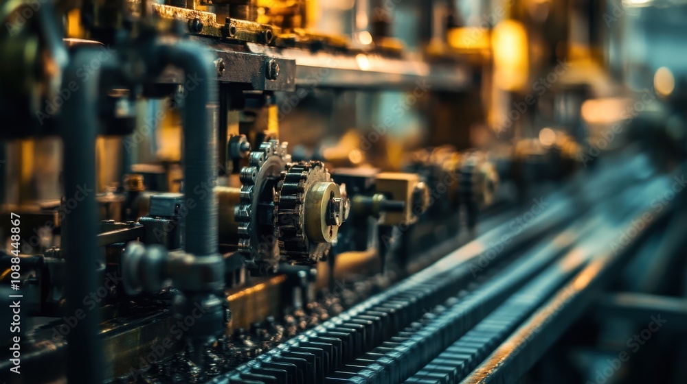Industrial machinery with gears and conveyor belts in a manufacturing setting. Industrial machinery with gears and conveyor belts in a manufacturing setting.